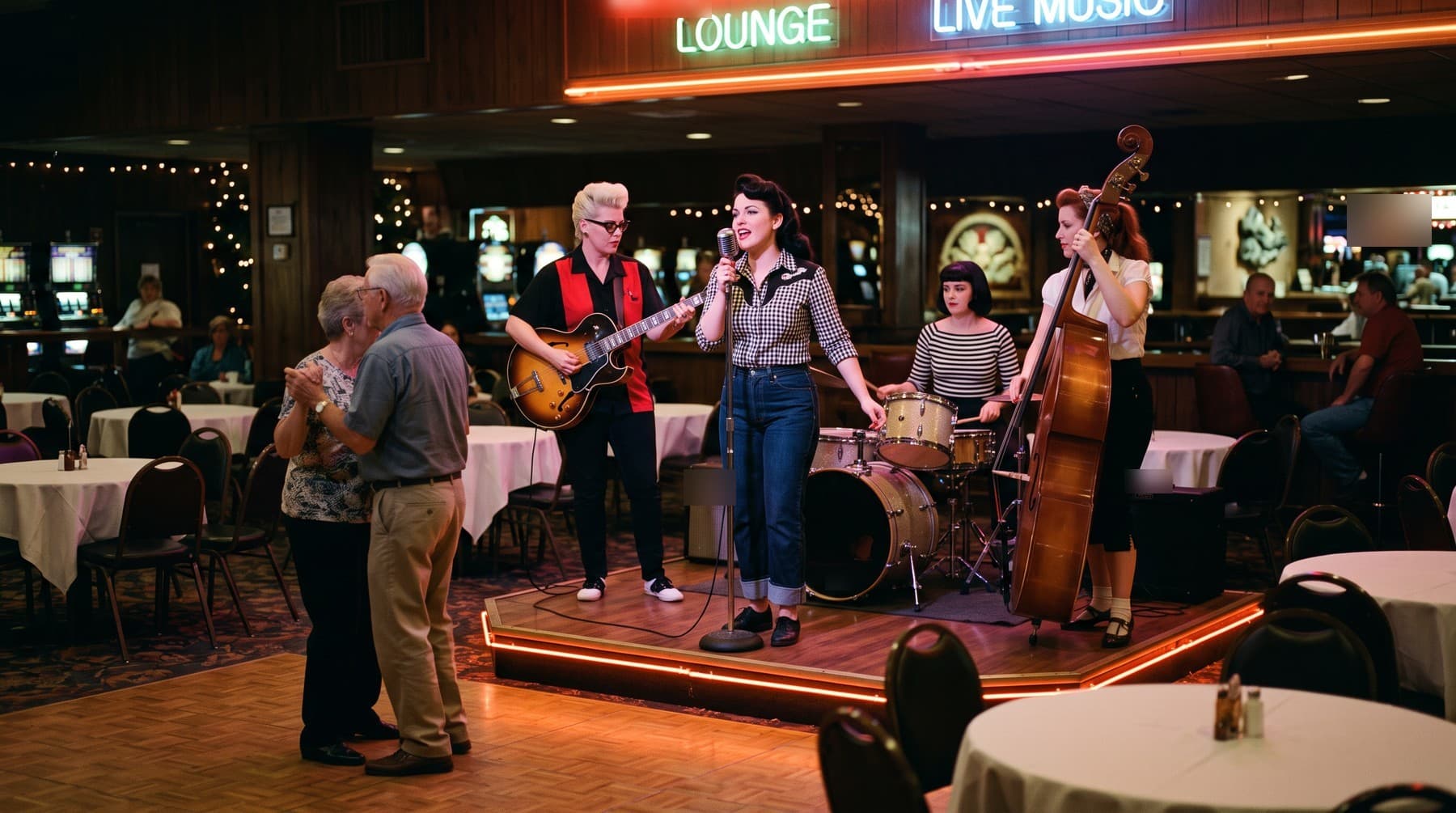 The band playing on a low lit stage in a nearly empty casino lounge while an older couple dances