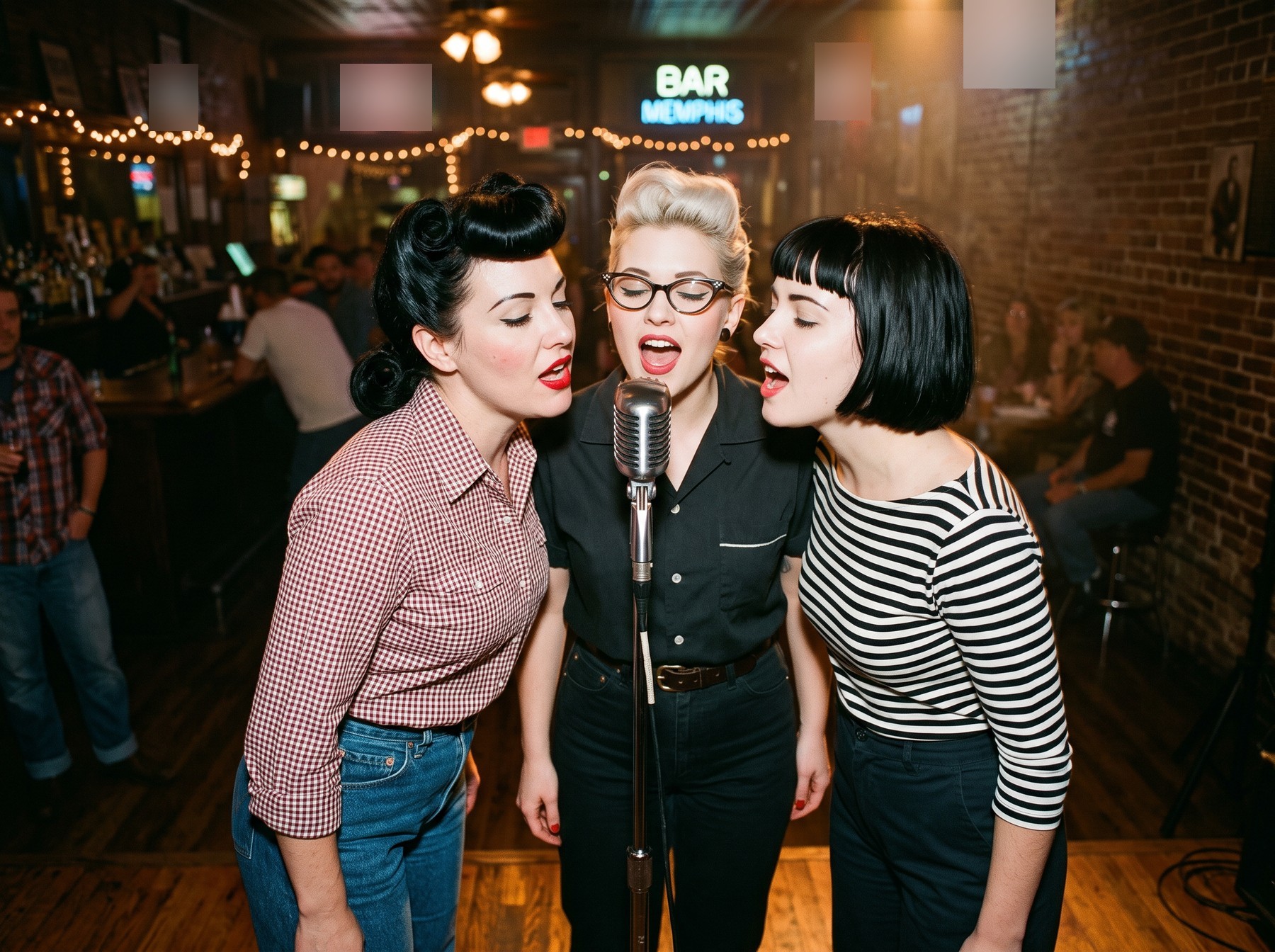 Three women singing close together around one vintage microphone in a Memphis bar