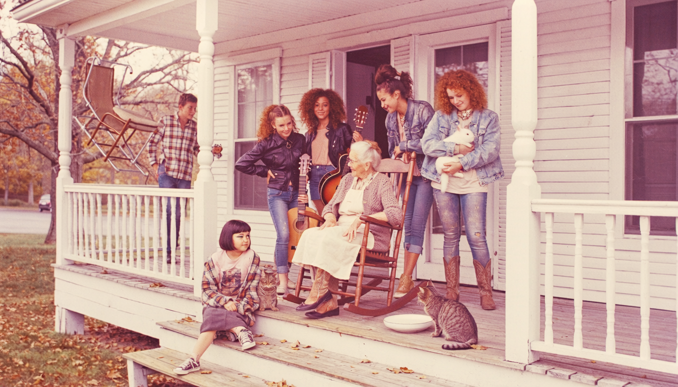 A family on the front porch of a white frame house in autumn: a grandmother in a rocking chair, a saucer of milk and a tabby cat on the step, young women around her, one holding a white rabbit
